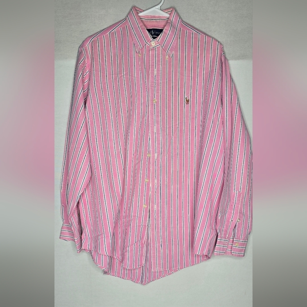 Ralph Lauren Pink Blue Stripe Button Down Shirt 16 1/2 Cotton Polo Pony